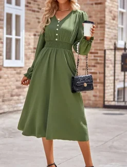 Best Women's Midi Dress Casual Dress A Line Dress Stylish Basic Casual Vacation Daily Regular Fit Plain Long Sleeve V Neck Black Army Green Summer Spring Women Work Dresses