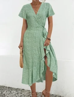 Online Women's Midi Dress Casual Dress Wrap Dress A Line Dress Stylish Casual Vacation Daily Regular Fit Floral Short Sleeve V Neck Summer Women Spring Dresses