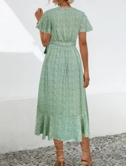 Online Women's Midi Dress Casual Dress Wrap Dress A Line Dress Stylish Casual Vacation Daily Regular Fit Floral Short Sleeve V Neck Summer Women Spring Dresses