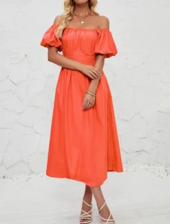 Hot Women's Midi Dress Casual Dress Swing Dress A Line Dress Elegant Stylish Casual Vacation Daily Regular Fit Plain Short Sleeve Off Shoulder Pink Orange Summer Spring Women Spring Dresses|Cocktail Dress