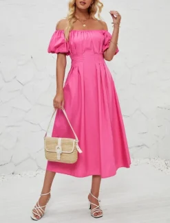 Hot Women's Midi Dress Casual Dress Swing Dress A Line Dress Elegant Stylish Casual Vacation Daily Regular Fit Plain Short Sleeve Off Shoulder Pink Orange Summer Spring Women Spring Dresses|Cocktail Dress