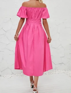 Hot Women's Midi Dress Casual Dress Swing Dress A Line Dress Elegant Stylish Casual Vacation Daily Regular Fit Plain Short Sleeve Off Shoulder Pink Orange Summer Spring Women Spring Dresses|Cocktail Dress