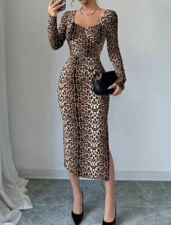 Sale Women's Midi Dress Casual Dress Print Dress Fashion Classic Modern Outdoor Vacation Holiday Regular Fit Leopard Long Sleeve V Neck Summer Spring Women Cocktail Dress