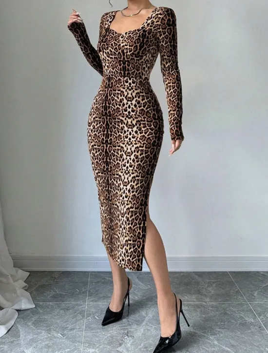 Sale Women's Midi Dress Casual Dress Print Dress Fashion Classic Modern Outdoor Vacation Holiday Regular Fit Leopard Long Sleeve V Neck Summer Spring Women Cocktail Dress