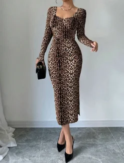 Sale Women's Midi Dress Casual Dress Print Dress Fashion Classic Modern Outdoor Vacation Holiday Regular Fit Leopard Long Sleeve V Neck Summer Spring Women Cocktail Dress