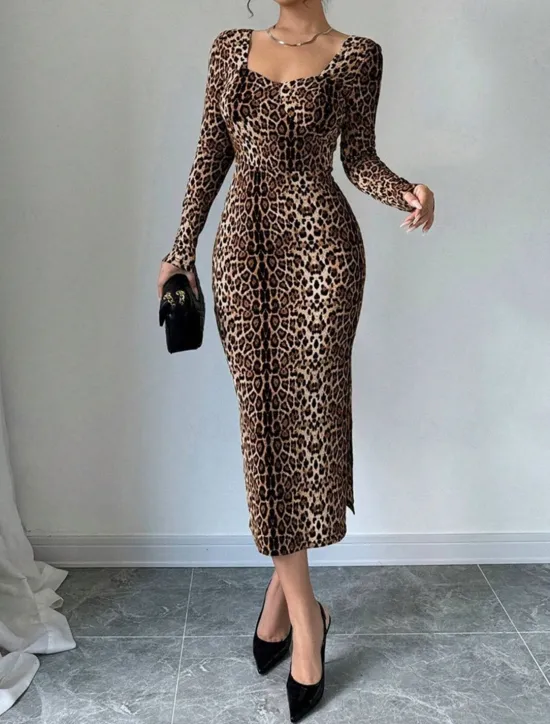Sale Women's Midi Dress Casual Dress Print Dress Fashion Classic Modern Outdoor Vacation Holiday Regular Fit Leopard Long Sleeve V Neck Summer Spring Women Cocktail Dress