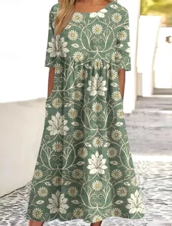 Clearance Women's Midi Dress Casual Dress T Shirt Dress Tee Dress Sundress A Line Dress Bohemia Vacation Vintage Regular Fit Ombre Floral Graphic Short Sleeve Crew Neck Sage Green Dusty Blue Light Blue Summer Women Casual Dress