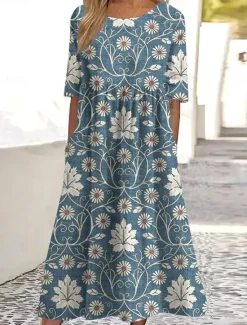 Clearance Women's Midi Dress Casual Dress T Shirt Dress Tee Dress Sundress A Line Dress Bohemia Vacation Vintage Regular Fit Ombre Floral Graphic Short Sleeve Crew Neck Sage Green Dusty Blue Light Blue Summer Women Casual Dress