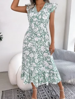Sale Women's Midi Dress Casual Dress A Line Dress Tank Dress Stylish Casual Vacation Daily Regular Fit Floral Sleeveless V Neck Light Green Dark Blue Summer Spring Women Vacation Dresses
