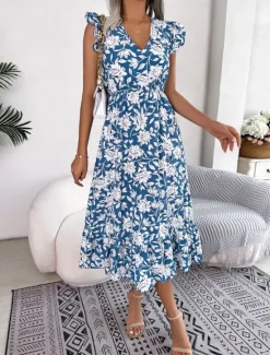 Sale Women's Midi Dress Casual Dress A Line Dress Tank Dress Stylish Casual Vacation Daily Regular Fit Floral Sleeveless V Neck Light Green Dark Blue Summer Spring Women Vacation Dresses
