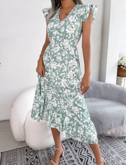Sale Women's Midi Dress Casual Dress A Line Dress Tank Dress Stylish Casual Vacation Daily Regular Fit Floral Sleeveless V Neck Light Green Dark Blue Summer Spring Women Vacation Dresses