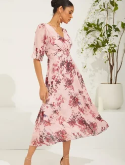 New Women's Midi Dress Chiffon Dress Elegant Stylish Puff Sleeve Wedding Wedding Guest Daily Regular Fit Floral Half Sleeve V Neck Summer Spring Fall Women Spring Dresses
