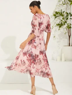 New Women's Midi Dress Chiffon Dress Elegant Stylish Puff Sleeve Wedding Wedding Guest Daily Regular Fit Floral Half Sleeve V Neck Summer Spring Fall Women Spring Dresses