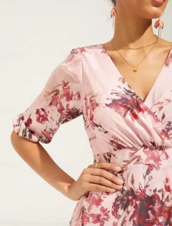 New Women's Midi Dress Chiffon Dress Elegant Stylish Puff Sleeve Wedding Wedding Guest Daily Regular Fit Floral Half Sleeve V Neck Summer Spring Fall Women Spring Dresses