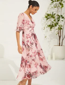 New Women's Midi Dress Chiffon Dress Elegant Stylish Puff Sleeve Wedding Wedding Guest Daily Regular Fit Floral Half Sleeve V Neck Summer Spring Fall Women Spring Dresses