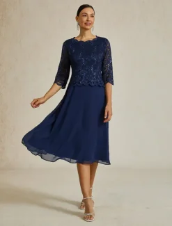 Online Women's Midi Dress Chiffon Dress Elegant Party Birthday Regular Fit Solid Color 3/4 Length Sleeve Crew Neck Summer Spring Fall Women Cocktail Dress
