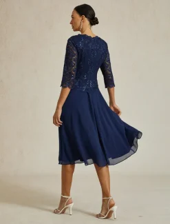 Online Women's Midi Dress Chiffon Dress Elegant Party Birthday Regular Fit Solid Color 3/4 Length Sleeve Crew Neck Summer Spring Fall Women Cocktail Dress