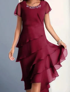Clearance Women's Midi Dress Cocktail Dress Wedding Guest Dress Chiffon Dress Plain Dress Elegant Formal Wedding Guest Cocktail Party Regular Fit Short Sleeve Crew Neck Wine Blue Camel Green Summer Women Cocktail Dress