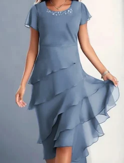 Clearance Women's Midi Dress Cocktail Dress Wedding Guest Dress Chiffon Dress Plain Dress Elegant Formal Wedding Guest Cocktail Party Regular Fit Short Sleeve Crew Neck Wine Blue Camel Green Summer Women Cocktail Dress