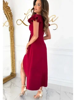 Online Women's Midi Dress Cocktail Dress Wedding Guest Dress Chiffon Dress Midi Dress Elegant Regular Fit Solid Color Short Sleeve V Neck Black Wine Khaki Summer Women Cocktail Dress