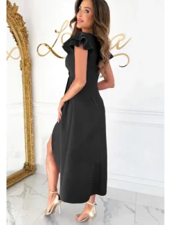 Online Women's Midi Dress Cocktail Dress Wedding Guest Dress Chiffon Dress Midi Dress Elegant Regular Fit Solid Color Short Sleeve V Neck Black Wine Khaki Summer Women Cocktail Dress