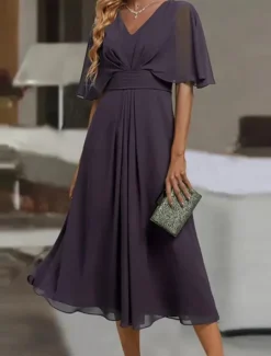 Sale Women's Midi Dress Cocktail Dress Wedding Guest Dress Chiffon Dress Swing Dress Fashion Outdoor Holiday Date Regular Fit Plain Short Sleeve V Neck Pink Blue Purple Summer Women Cocktail Dress