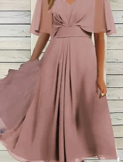 Sale Women's Midi Dress Cocktail Dress Wedding Guest Dress Chiffon Dress Swing Dress Fashion Outdoor Holiday Date Regular Fit Plain Short Sleeve V Neck Pink Blue Purple Summer Women Cocktail Dress
