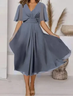 Sale Women's Midi Dress Cocktail Dress Wedding Guest Dress Chiffon Dress Swing Dress Fashion Outdoor Holiday Date Regular Fit Plain Short Sleeve V Neck Pink Blue Purple Summer Women Cocktail Dress