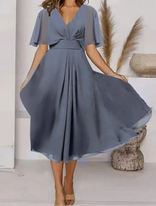 Sale Women's Midi Dress Cocktail Dress Wedding Guest Dress Chiffon Dress Swing Dress Fashion Outdoor Holiday Date Regular Fit Plain Short Sleeve V Neck Pink Blue Purple Summer Women Cocktail Dress