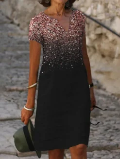 New Women's Midi Dress Cocktail Dress V-Neck Sequin Gradient Black Elegant Knee-length Party Evening Short Sleeve Regular Fit Women Cocktail Dress