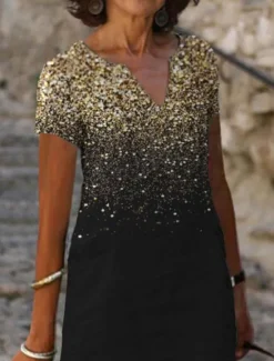 New Women's Midi Dress Cocktail Dress V-Neck Sequin Gradient Black Elegant Knee-length Party Evening Short Sleeve Regular Fit Women Cocktail Dress