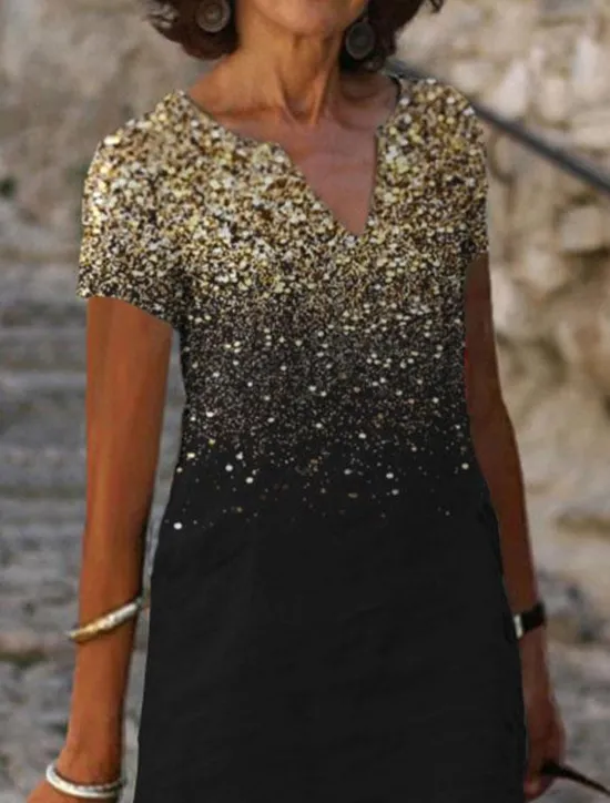 New Women's Midi Dress Cocktail Dress V-Neck Sequin Gradient Black Elegant Knee-length Party Evening Short Sleeve Regular Fit Women Cocktail Dress