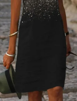 New Women's Midi Dress Cocktail Dress V-Neck Sequin Gradient Black Elegant Knee-length Party Evening Short Sleeve Regular Fit Women Cocktail Dress