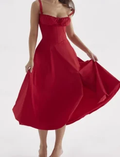 Outlet Women's Midi Dress Cocktail Dress Fashion Outdoor Party Tea Party Regular Fit Plain Sleeveless U Neck Red Blue Summer Women Cocktail Dress