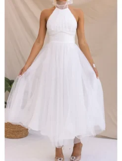 Online Women's Midi Dress Cocktail Dress Halter Neck Dress Elegant Fashion Party Birthday Tea Party Regular Fit Plain Sleeveless Halter Neck White Pink Apricot Summer Women White Dresses