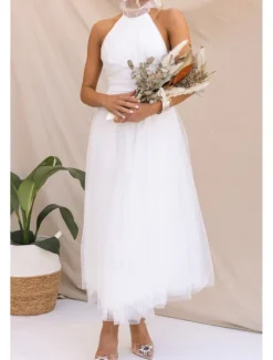 Online Women's Midi Dress Cocktail Dress Halter Neck Dress Elegant Fashion Party Birthday Tea Party Regular Fit Plain Sleeveless Halter Neck White Pink Apricot Summer Women White Dresses
