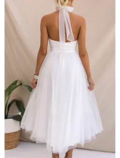 Online Women's Midi Dress Cocktail Dress Halter Neck Dress Elegant Fashion Party Birthday Tea Party Regular Fit Plain Sleeveless Halter Neck White Pink Apricot Summer Women White Dresses