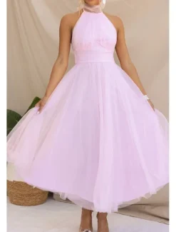 Online Women's Midi Dress Cocktail Dress Halter Neck Dress Elegant Fashion Party Birthday Tea Party Regular Fit Plain Sleeveless Halter Neck White Pink Apricot Summer Women White Dresses