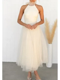 Online Women's Midi Dress Cocktail Dress Halter Neck Dress Elegant Fashion Party Birthday Tea Party Regular Fit Plain Sleeveless Halter Neck White Pink Apricot Summer Women White Dresses