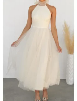Online Women's Midi Dress Cocktail Dress Halter Neck Dress Elegant Fashion Party Birthday Tea Party Regular Fit Plain Sleeveless Halter Neck White Pink Apricot Summer Women White Dresses