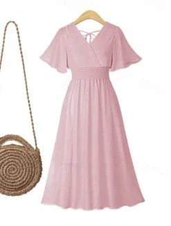 Best Women's Midi Dress Cocktail Dress Wedding Guest Dress Chiffon Dress Fashion Modern Vacation Tea Party Weekend Regular Fit Plain Short Sleeve V Neck Black White Pink Apricot Summer Women Cocktail Dress
