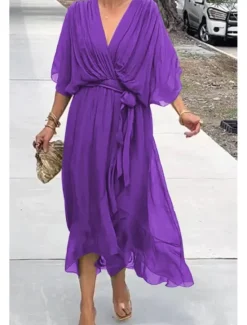 Online Women's Midi Dress Cocktail Dress Wedding Guest Dress Chiffon Dress Summer Dress Fashion Batwing Sleeve Holiday Date Going out Regular Fit Plain Half Sleeve V Neck Blue Purple Green Spring Women Cocktail Dress
