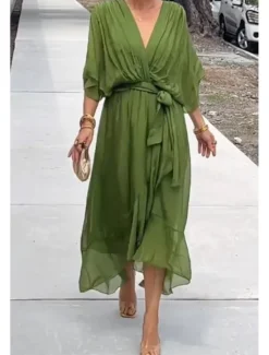 Online Women's Midi Dress Cocktail Dress Wedding Guest Dress Chiffon Dress Summer Dress Fashion Batwing Sleeve Holiday Date Going out Regular Fit Plain Half Sleeve V Neck Blue Purple Green Spring Women Cocktail Dress