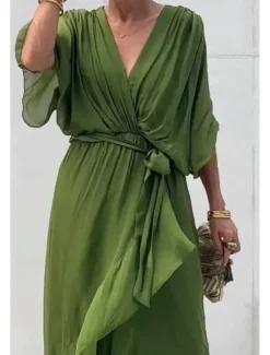 Online Women's Midi Dress Cocktail Dress Wedding Guest Dress Chiffon Dress Summer Dress Fashion Batwing Sleeve Holiday Date Going out Regular Fit Plain Half Sleeve V Neck Blue Purple Green Spring Women Cocktail Dress