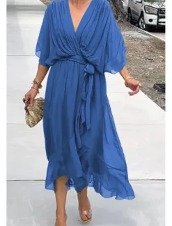 Online Women's Midi Dress Cocktail Dress Wedding Guest Dress Chiffon Dress Summer Dress Fashion Batwing Sleeve Holiday Date Going out Regular Fit Plain Half Sleeve V Neck Blue Purple Green Spring Women Cocktail Dress