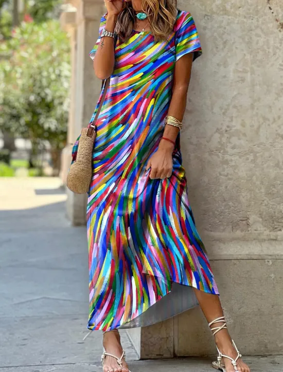 Sale Women's Midi Dress Colorful Stripes Short Sleeve Round Neck High-Low Hem Casual Summer Breathable Fashion Multicolor Sizes Available Flowy Lightweight Apparel Women T Shirt Dresses