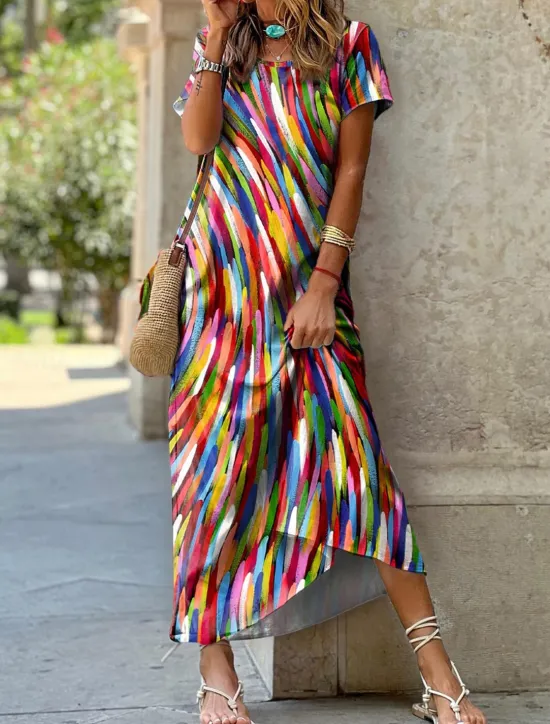 Sale Women's Midi Dress Colorful Stripes Short Sleeve Round Neck High-Low Hem Casual Summer Breathable Fashion Multicolor Sizes Available Flowy Lightweight Apparel Women T Shirt Dresses