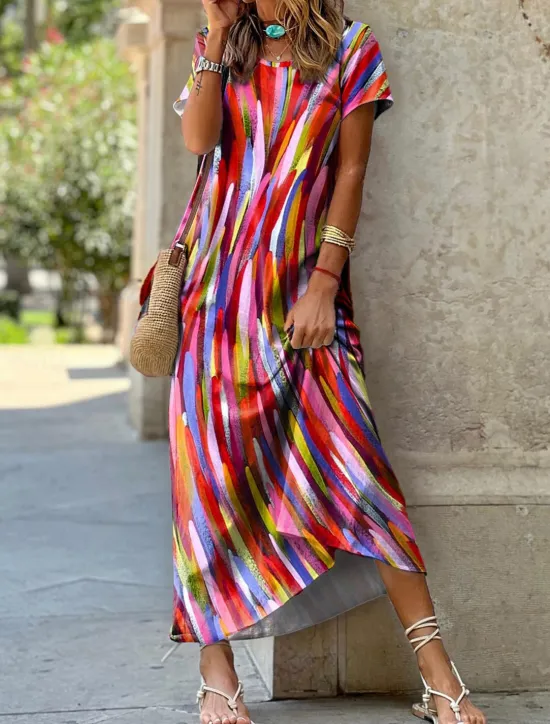 Sale Women's Midi Dress Colorful Stripes Short Sleeve Round Neck High-Low Hem Casual Summer Breathable Fashion Multicolor Sizes Available Flowy Lightweight Apparel Women T Shirt Dresses