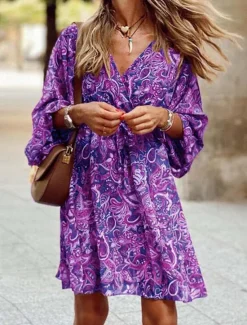 Clearance Women's Midi Dress Corset Dress Shift Dress Summer Dress Puff Sleeve Dress Vacation Vacation Daily Regular Fit Graphic 3/4 Length Sleeve V Neck Red Blue Purple Brown Summer Women Casual Dress