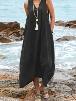 Online Women's Midi Dress Cotton Linen Dress Basic Casual Vacation Daily Regular Fit Plain Sleeveless V Neck Black Wine Khaki Summer Women Dresses